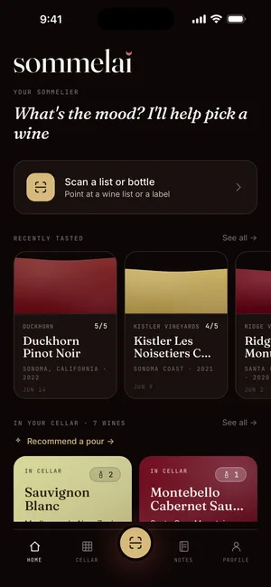 sommelai home screen with recently tasted wines and your cellar