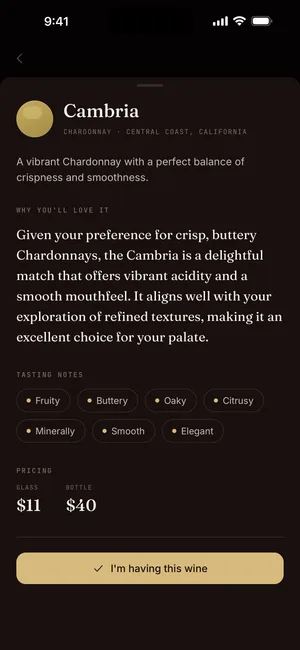 sommelai wine detail for a Cambria Chardonnay, with a personalized why-you'll-love-it explanation, tasting notes, and glass and bottle pricing
